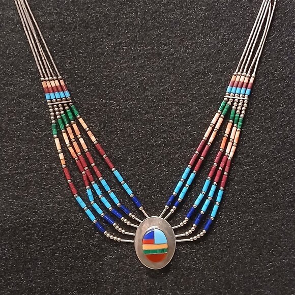 Vintage 5 Strand Liquid Silver with Multi Stone Inlaid Necklace - 16 inches - Picture 2 of 10